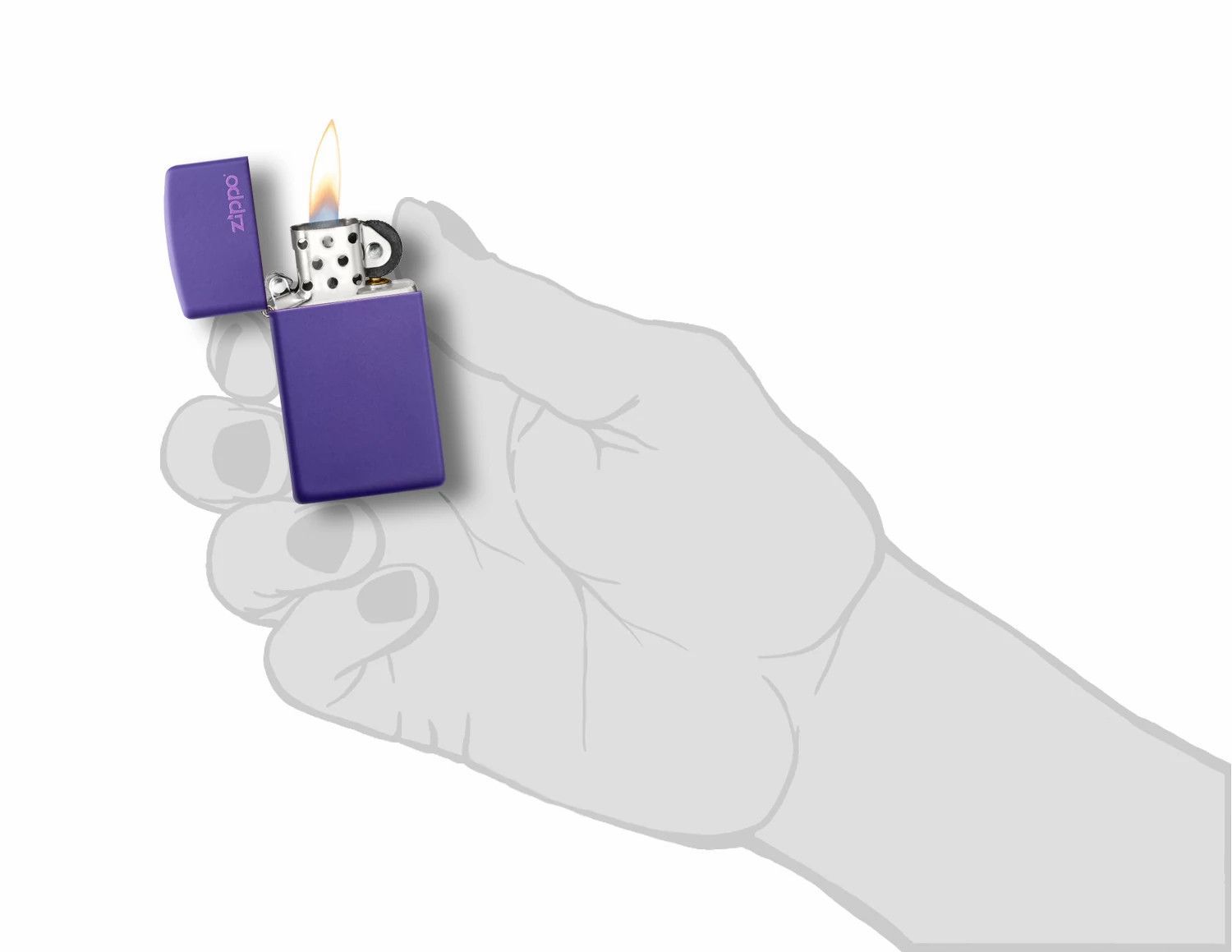 Slim Purple Matte Zippo Logo Windproof Lighter lit in hand